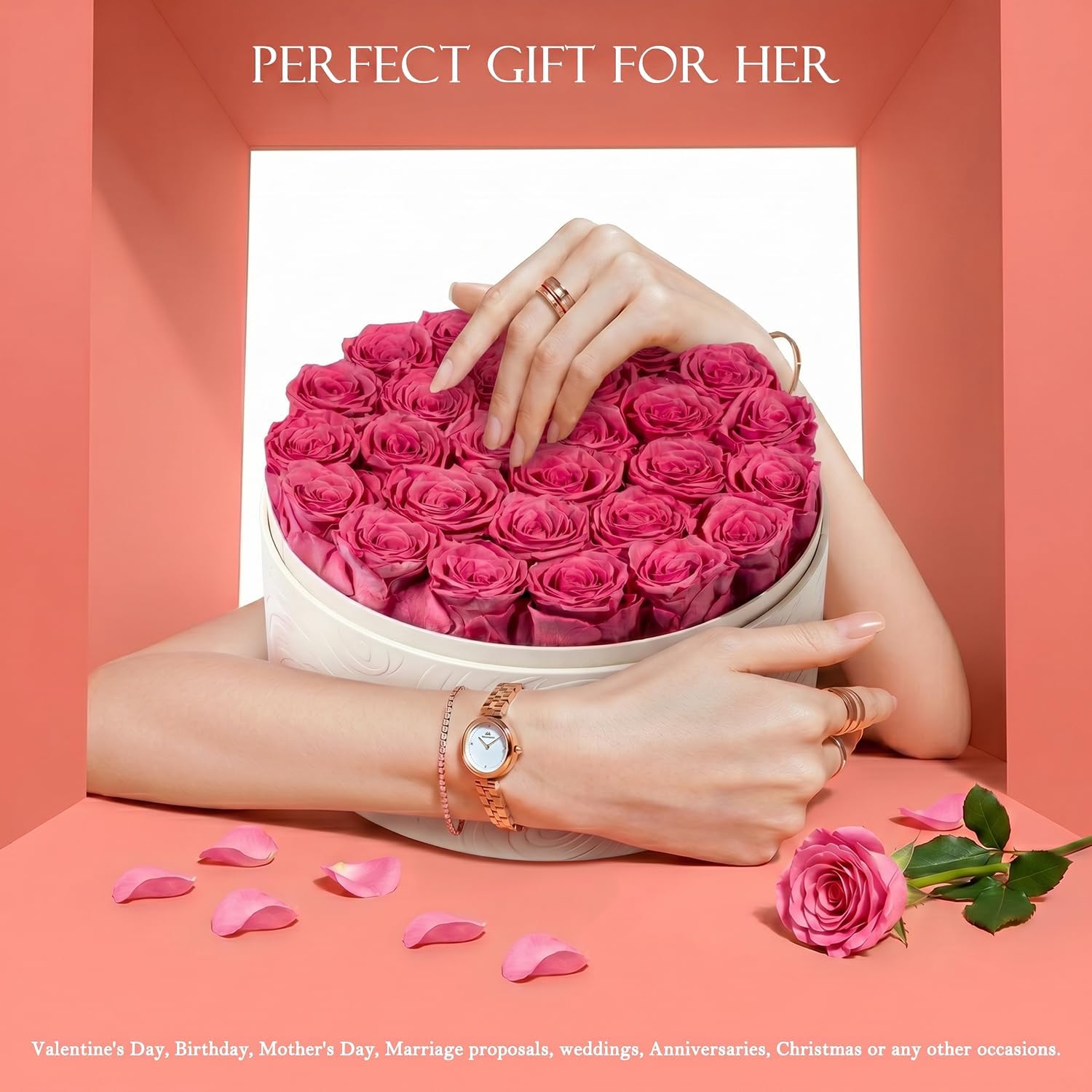 Rosaura 27 Preserved Roses in Round Box-Forever Flowers Gift (Pink) | birthday gifts for women, forever roses, anniversary gifts, mothers day gifts, preserved flowers, valentines day gifts