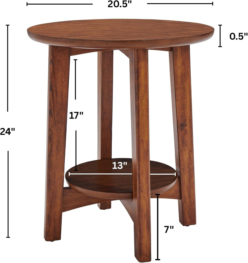 Alaterre Furniture Monterey End Tables – Set of 2 Round Side Tables with Storage Shelf – Mid-Century Modern Nightstand & Accent Table for Living Room or Bedroom (Warm Chestnut)