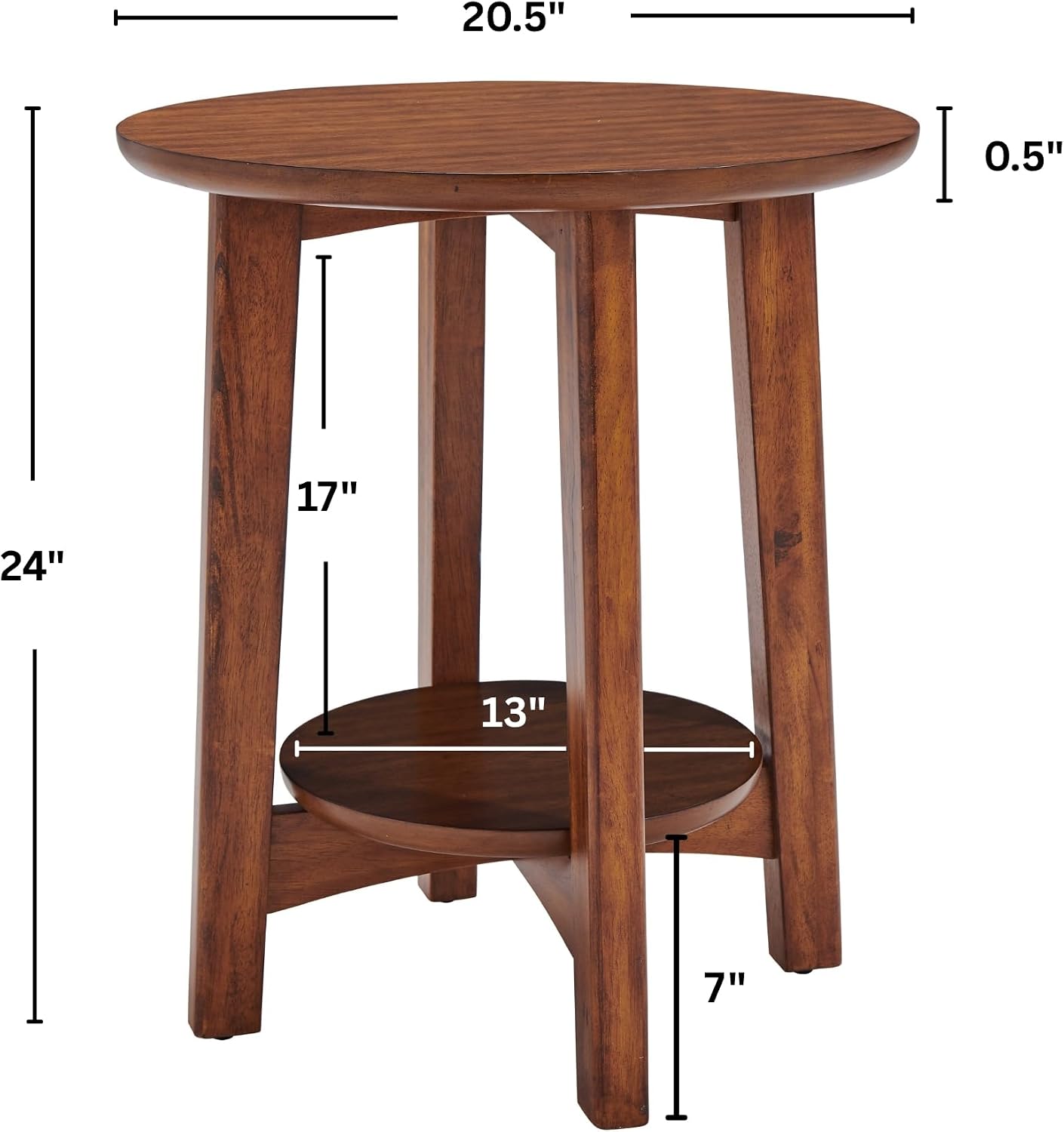Alaterre Furniture Monterey End Tables – Set of 2 Round Side Tables with Storage Shelf – Mid-Century Modern Nightstand & Accent Table for Living Room or Bedroom (Warm Chestnut)