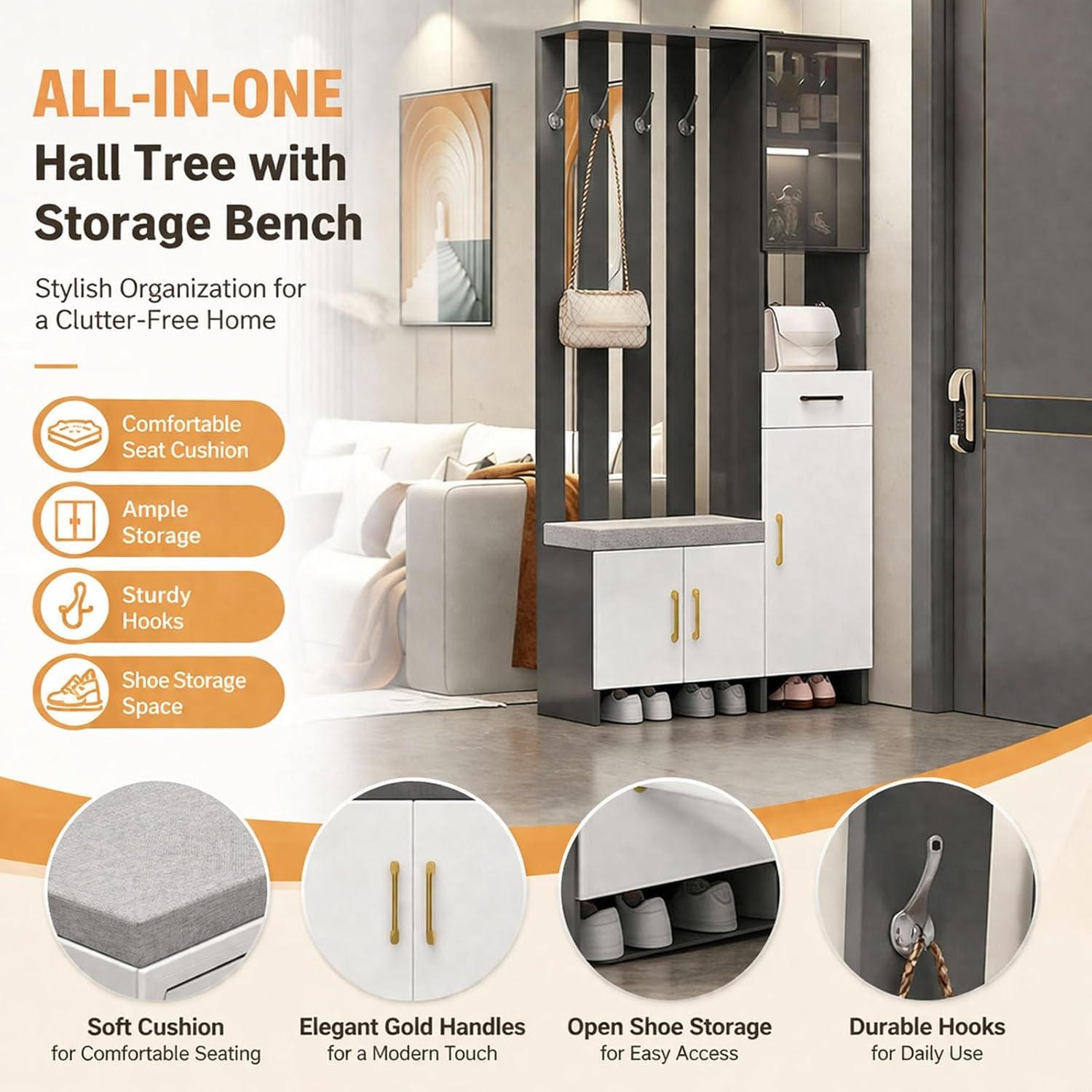 Wall Room Divider with Storage, 78.7" Tall Entryway Hall Tree Room Partition with Shoe Cabinet,Freestanding Wood Privacy Screen with Coat Rack, Bench & Glass Display(White+Left Side,80cm/31.5in)