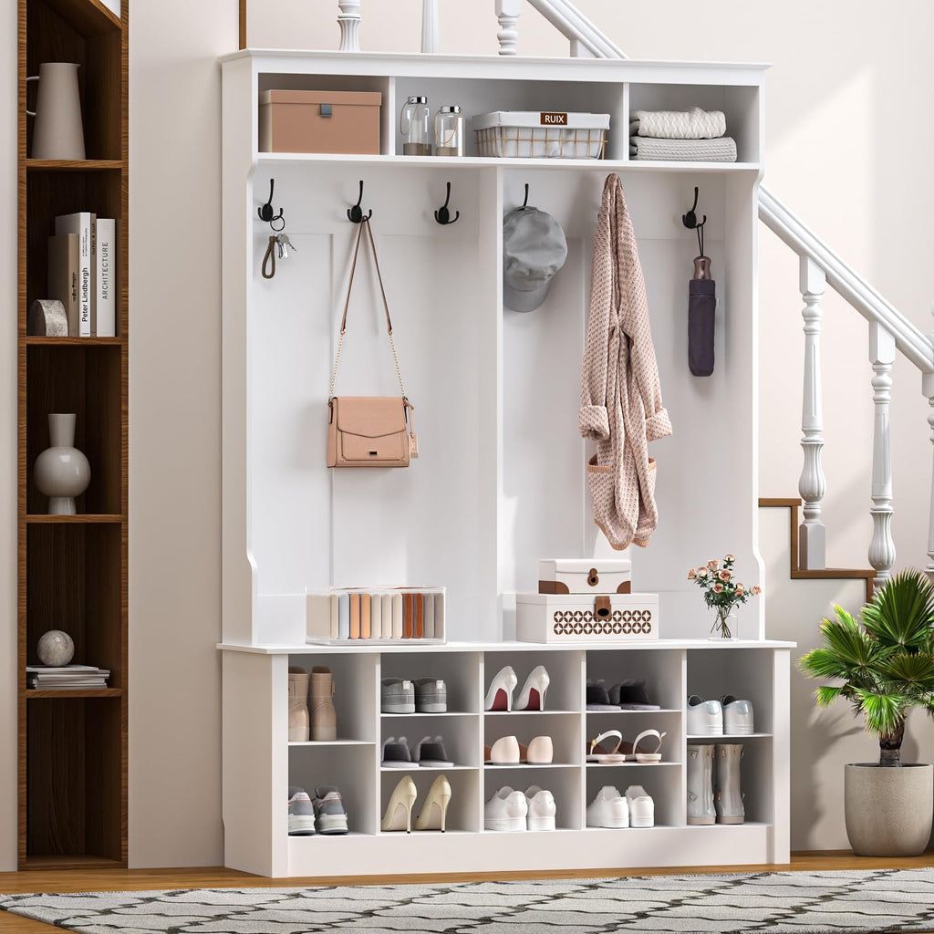 Wodeer Hall Tree with Bench and Shoe Storage, 53" Farmhouse 4-in-1 Mudroom Storage Organizer with Coat Rack, 6 Hooks, 12 Shoe Cubbies, Adjustable Shelf, for Entryway, Hallway, Living Room, White