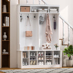 Wodeer Hall Tree with Bench and Shoe Storage, 53" Farmhouse 4-in-1 Mudroom Storage Organizer with Coat Rack, 6 Hooks, 12 Shoe Cubbies, Adjustable Shelf, for Entryway, Hallway, Living Room, White