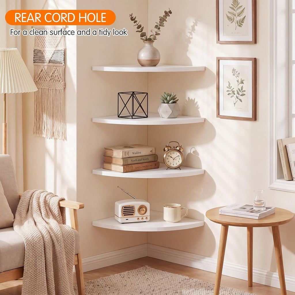 4 Pcs White Corner Floating Shelves for Wall with Cord Hole 10 Inch Rounded Corner Curved Hanging Shelves for Cable Box, Speaker, TV Cords, Books, Plants