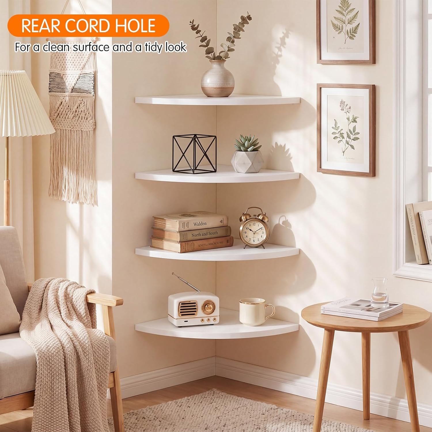 4 Pcs White Corner Floating Shelves for Wall with Cord Hole 10 Inch Rounded Corner Curved Hanging Shelves for Cable Box, Speaker, TV Cords, Books, Plants