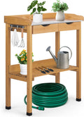 Outvita Outdoor Garden Potting Bench Table Work Bench with 2 Drawer, Storage Shelf, Metal Tabletop, 3 Hooks for Horticulture, Natural Wood