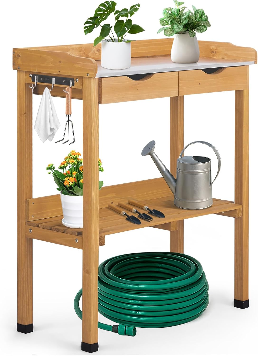 Outvita Outdoor Garden Potting Bench Table Work Bench with 2 Drawer, Storage Shelf, Metal Tabletop, 3 Hooks for Horticulture, Natural Wood