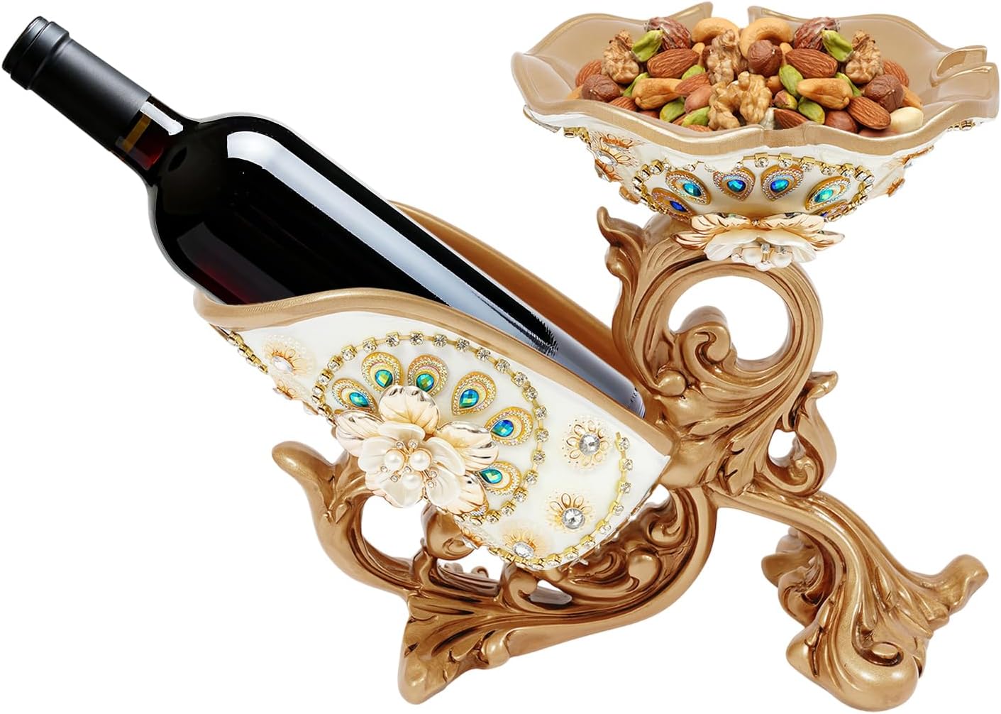 Tabletop Wine Rack Golden Luxury Cameo Flower Diamond Wine Glass Display Holder, Holds 1 Wine Bottle and 3 Wine Glasses Wine Decor for Kitchen Bar Gifts