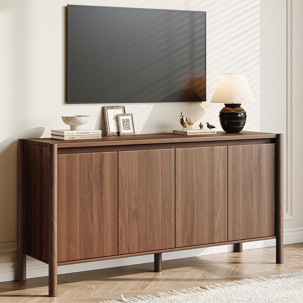 CHUWELL 59" Walnut Sideboard Buffet Cabinet, Mid Century Modern Storage Cabinet with 4 Doors & Adjustable Shelves, Coffee Bar Table with Solid Wood Legs for Dining Room, Living Room