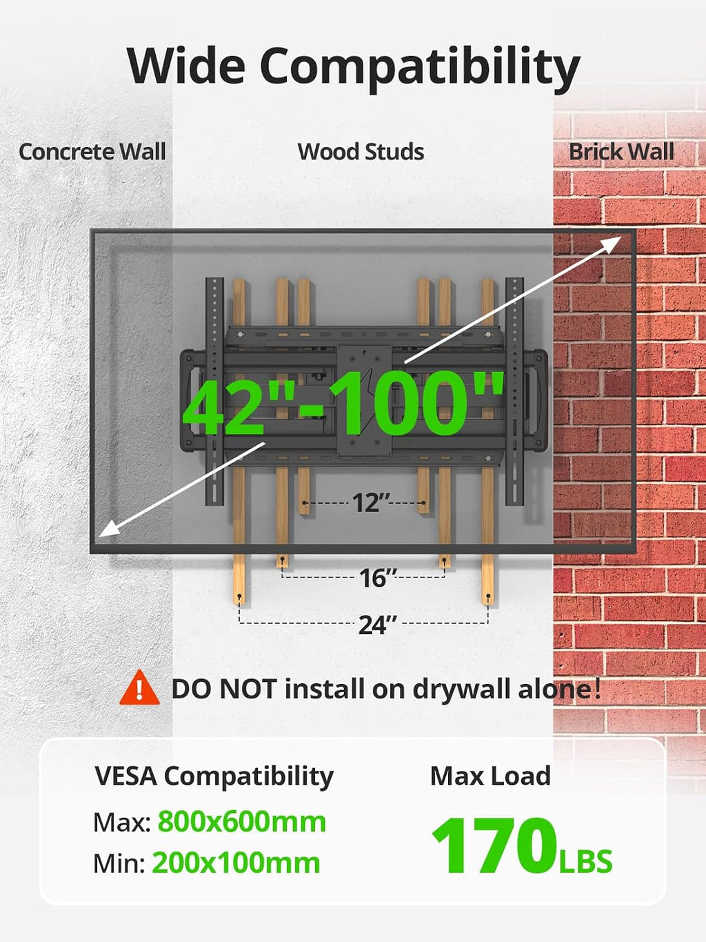 USX MOUNT 85 86 90 98 100 inch Heavy Duty Full Motion TV Wall Mount for 42-100" TVs, TV Mount with Swivel, Tilt & Leveling, Wall Mount Bracket Up to 170lbs, Max VESA 800x600mm