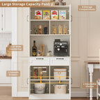 71" Tall Pantry Cabinet with Charging Station, Freestanding Kitchen Pantry Storage Cabinet with Adjustable Shelves & 2 Drawers, Kitchen Hutch with Open Countertop for Dining Room, White