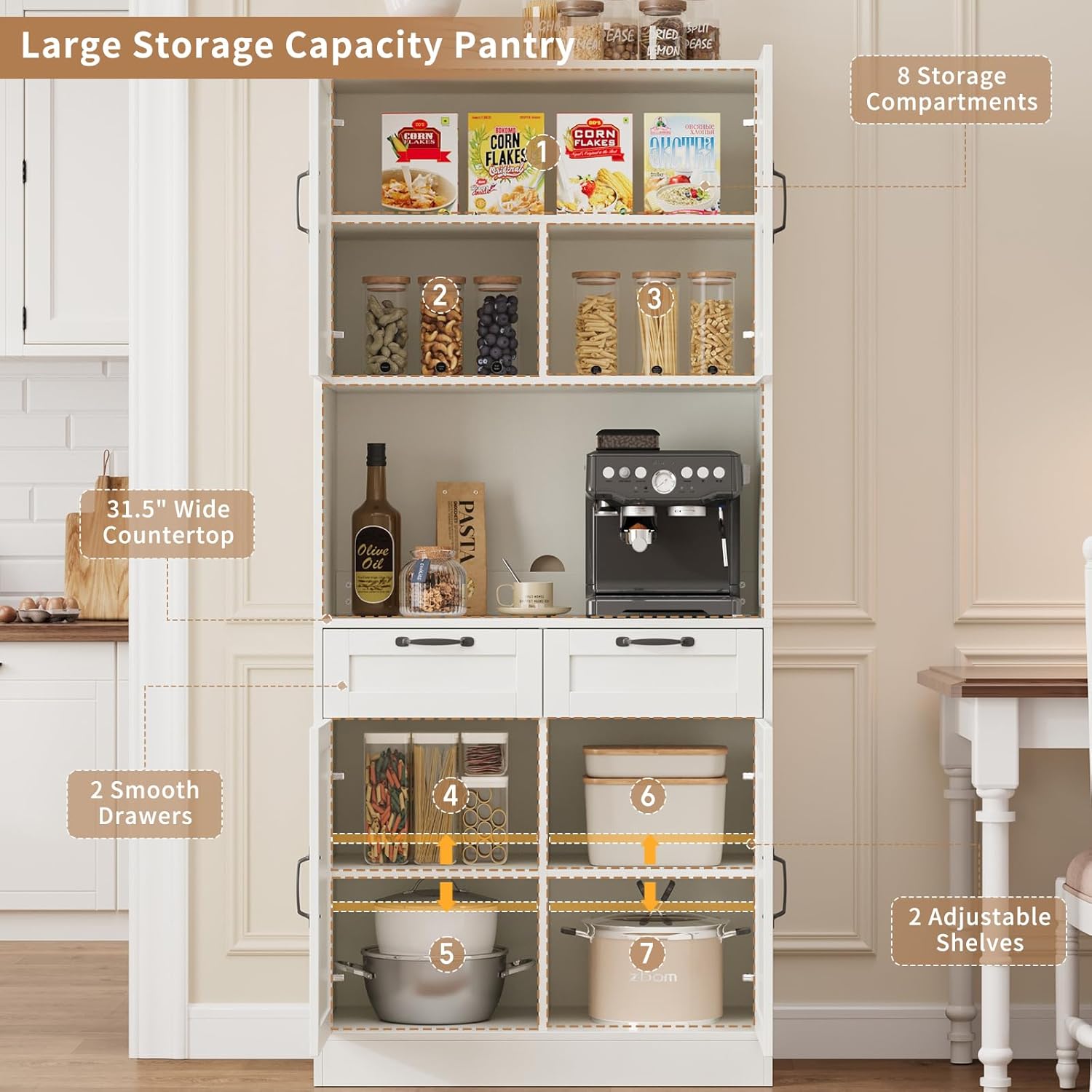 71" Tall Pantry Cabinet with Charging Station, Freestanding Kitchen Pantry Storage Cabinet with Adjustable Shelves & 2 Drawers, Kitchen Hutch with Open Countertop for Dining Room, White