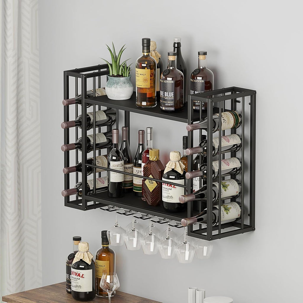 Wall Mounted Wine Rack, Wine Rack Wall Mounted with Wine Glass Rack, 2-Tier Multi-Functional Shelf for Home Restaurant Bar Storage Rack (Black, 40" W x 9.8" D x 21.6" H)