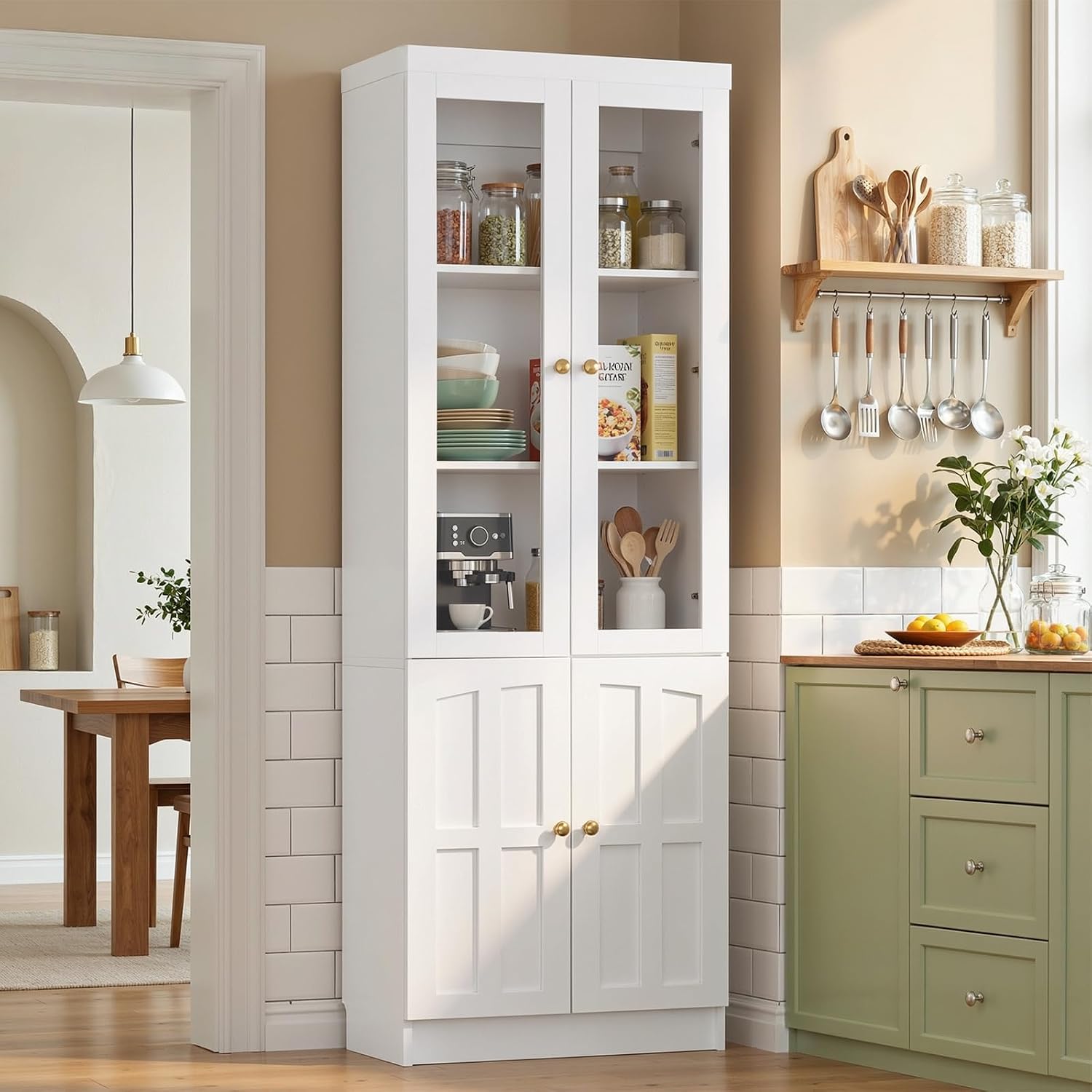 Cyclysio Kitchen Pantry Cabinet, 80" Wood Pantry Storage Cabinet with Doors and Adjustable Shelves, Kitchen Cabinet with Thickened Top Panel, Tall Cabinet for Livingroom, Pantry, Bathroom, White