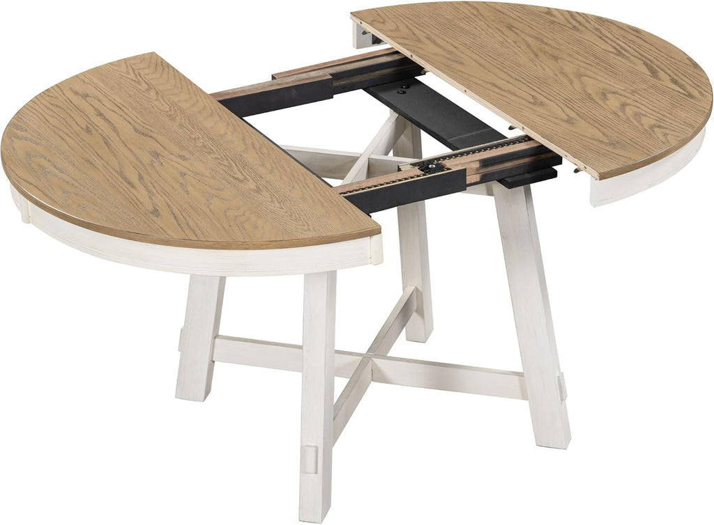 Knocbel Farmhouse 4-Person Extendable Dining Table Set, 5-Piece Dinette Set with Upholstered Nailhead Trim Chairs, Kitchen Dining Room Small Space Furniture Set (Oak Natural and Antique White)