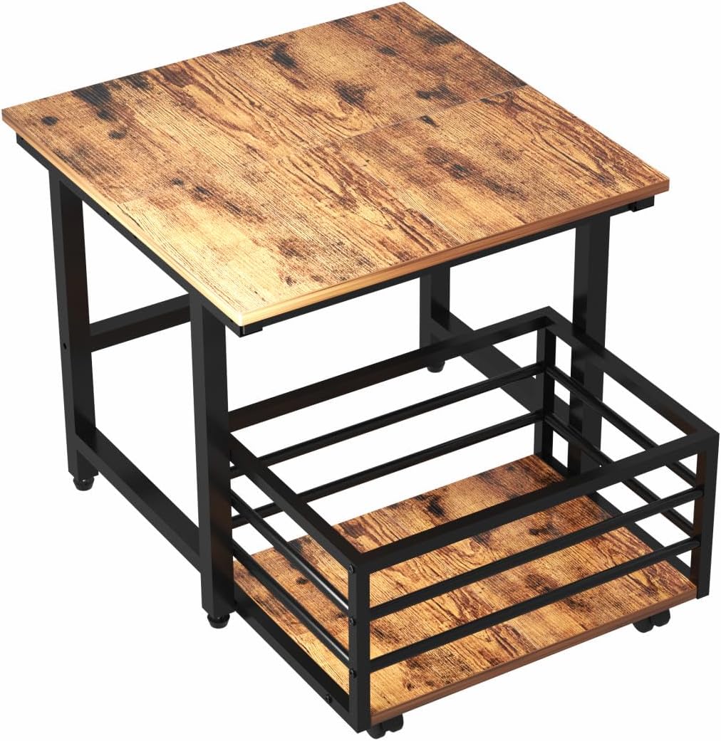 EYOCAL Mini Fridge Stand with Pull-Out Basket, 19.7" x 19.7" Large Tabletop Heavy Duty Stand with Adjustable Feet & Wheels, for Kitchen, Dorm, Office, Rustic Brown and Black