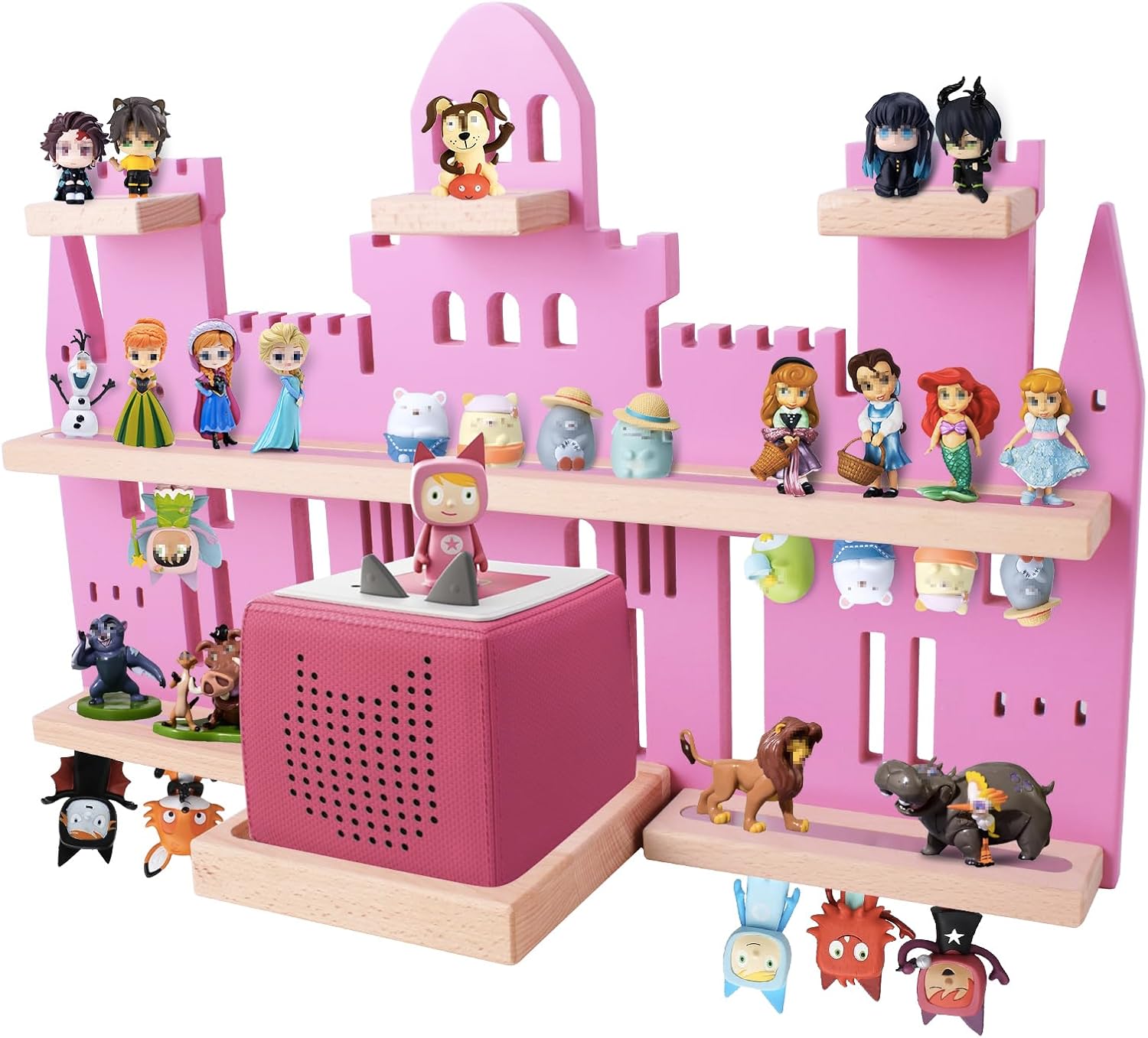 Givilio Tonie Shelf Castle for Toniebox,Wall Mounted Tonie Shelf Set,Tonie Figures Tonie Storage,Magnetic Wooden Floating Shelves Compatible with Toniebox for Kids Room (Pink)