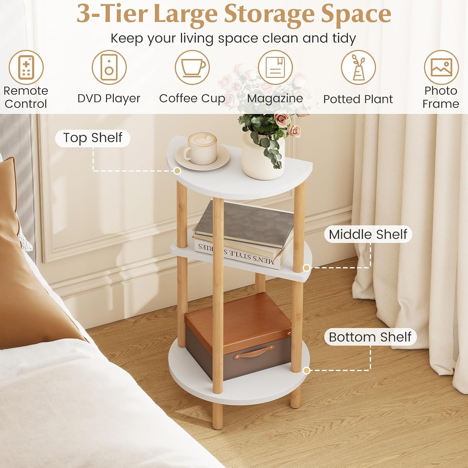 Giantex Bamboo Round Side Table Set of 2, 3-Tier Circular End Tables with Storage Shelves, Small Plant Stand Indoor, Accent Sofa Bedside Table, Boho Corner Night Stand for Bedroom Living Room