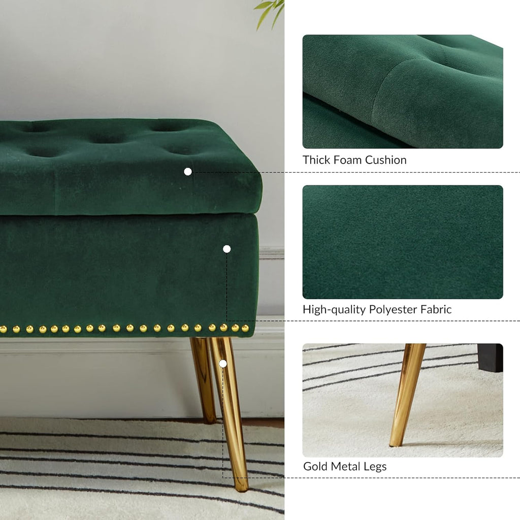 45.5" Luxury Velvet Storage Ottoman Bench with Button Tufted & Nailhead Trim, Upholstered Entryway Benches with Gold Legs, Multi-Functional Footstool for Bedroom End of Bed, Green