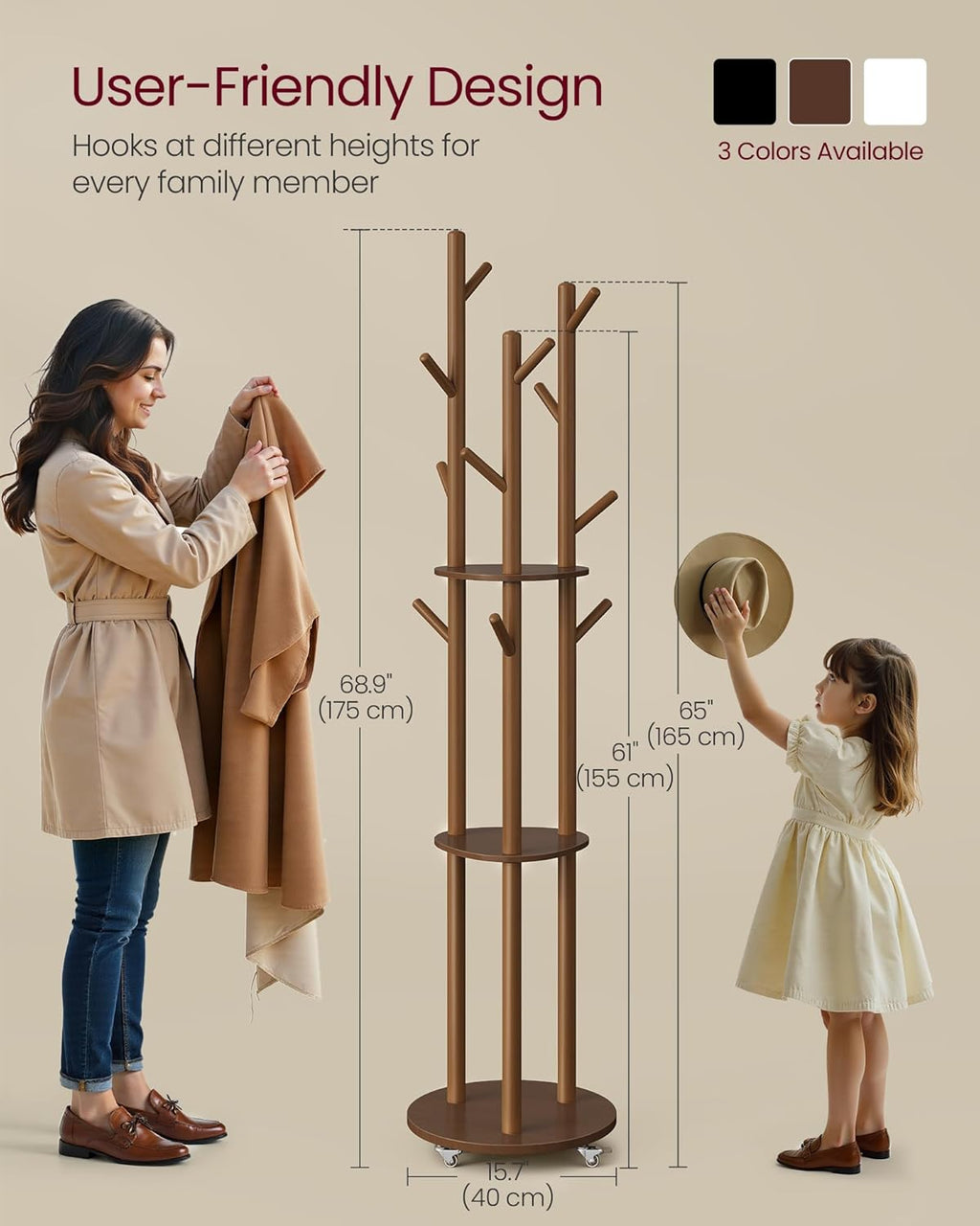 VASAGLE Freestanding Coat Rack Stand, Coat Tree with 11 Hooks, 3 Shelves, 4 Removable 360° Swivel Wheels, Wooden Hooks and Poles, for Entryway, Bedroom, Living Room, Walnut Brown URCR023K01