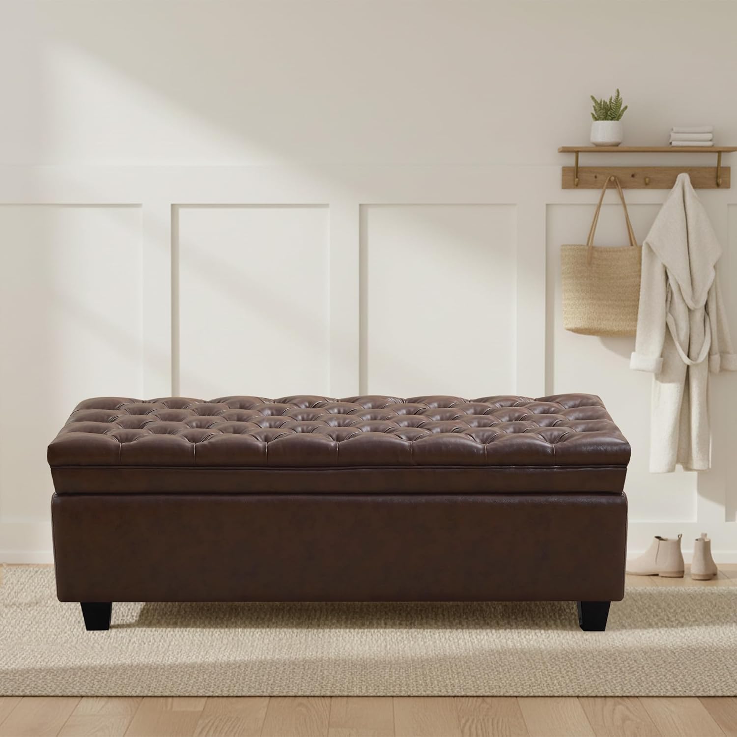 50" Faux Leather Storage Ottoman Bench, Rectangular End of Storage Bench, Upholstered Large Tufted Ottoman with Storage for Living Room, Bedroom, Entryway,Dark Brown