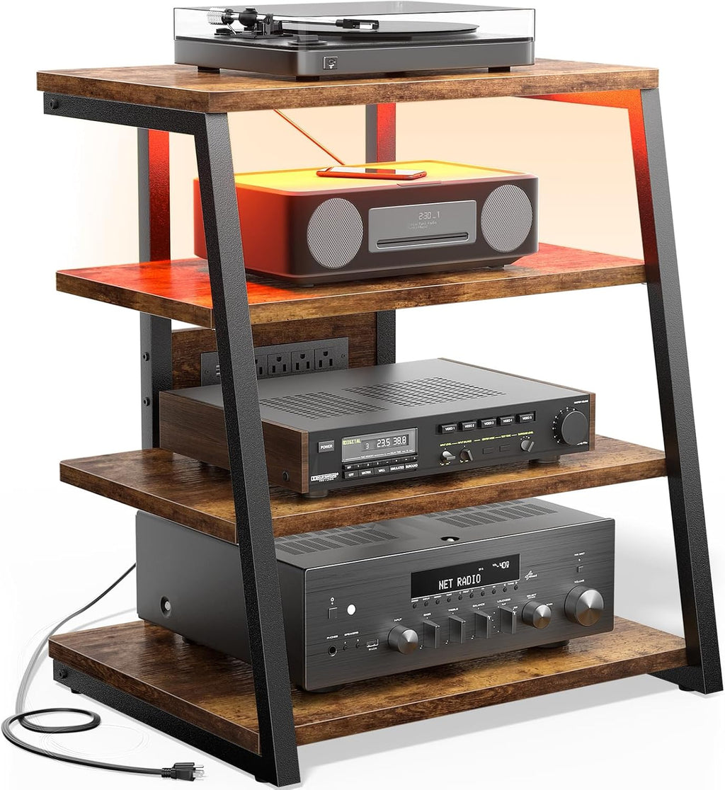Besiost AV Media Stand with Outlets, Media Console with LED Lights, Stereo Racks and Stands with Storage Shelves, Media Audio Tower Cabinet, Rustic Brown