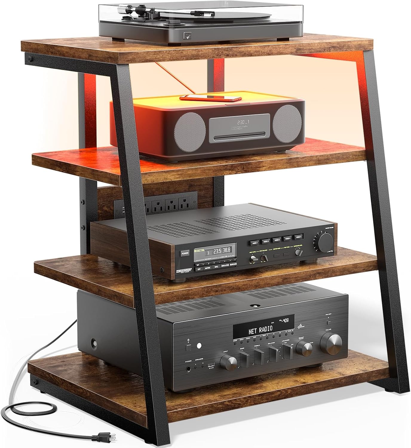 Besiost AV Media Stand with Outlets, Media Console with LED Lights, Stereo Racks and Stands with Storage Shelves, Media Audio Tower Cabinet, Rustic Brown