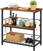 HOOBRO Kitchen Island with Wine Rack, Industrial Island Counter with Hooks and Protective Rails, 3 Tier Kitchen Shelf with Large Workstation, Easy Assembly, Rustic Brown BF02ZD01