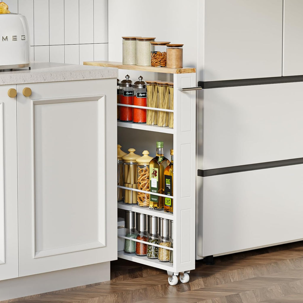 KLM 4 Tier White Slim Storage Cart with Handle, Slide Out Storage Rolling Utility Cart for Kitchen, Laundry, Narrow Places