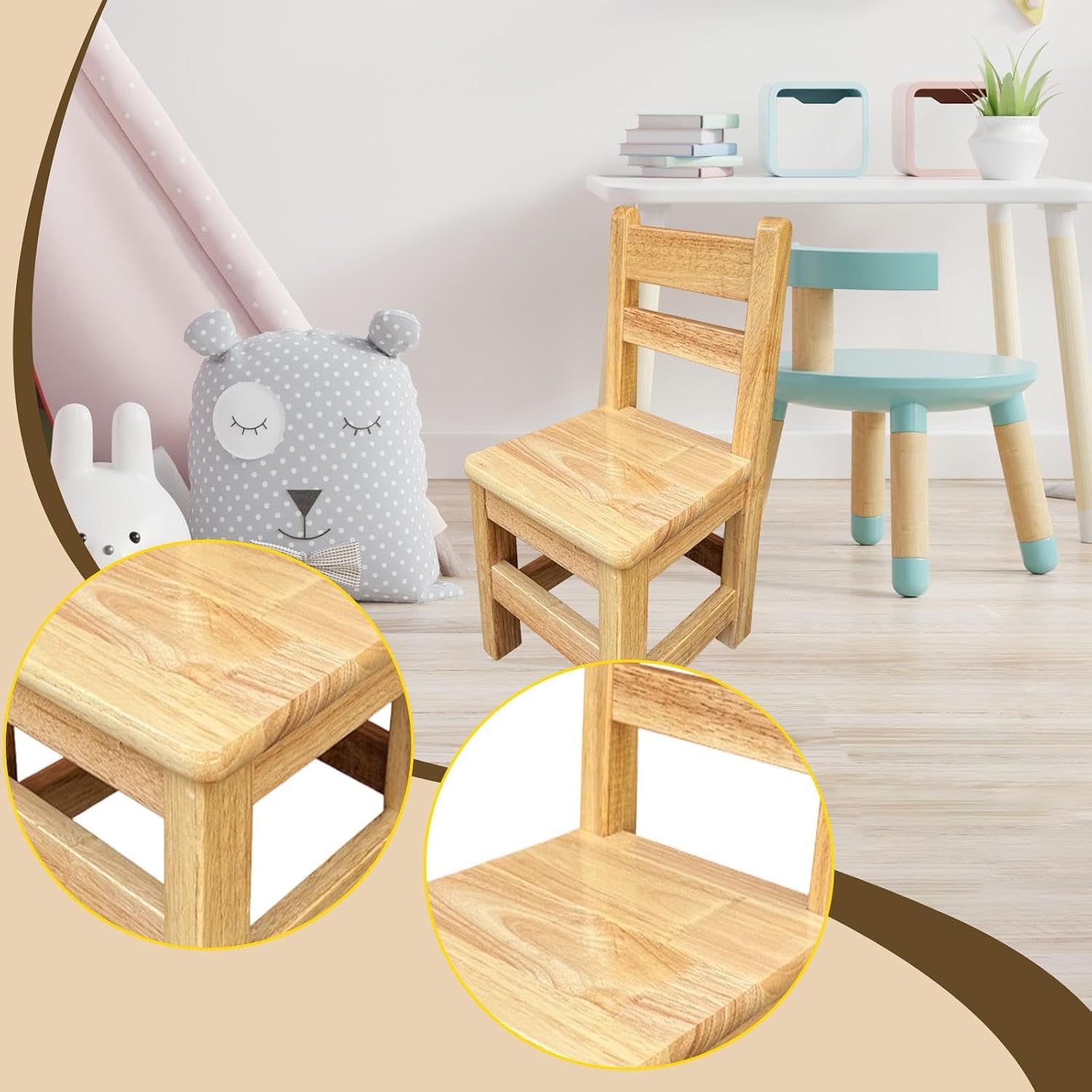 Kids Wooden Chair Decorative Comfortable Ladderback Sturdy Multifunctional Foot Stool Ottoman Fully Assembled Suitable Girls, M