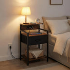 Industrial Nightstand with USB Charging Port, Narrow End Side Table with Fabric Drawer & Storage Shelf for Bedroom Living Room