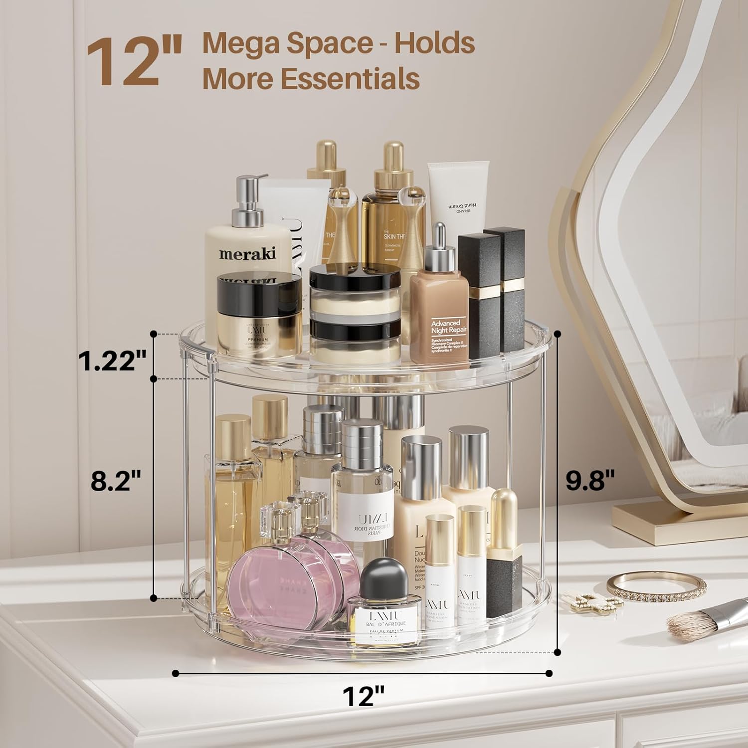 LAMU 12in 2 Tier Lazy Susan Organizer Large Lazy Susan Turntable Rotating Spice Rack Organization for Cabinet, Kitchen, Pantry, Countertop, Bathroom, Vanity, Medicine Cabinet Organizer, Clear