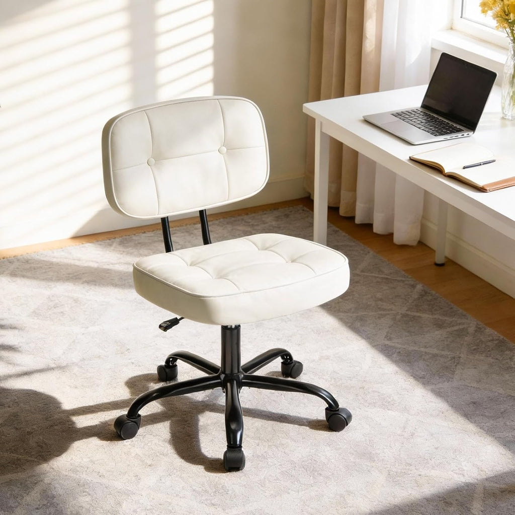DUMOS Home Office Desk Chair - Ergonomic Armless PU Leather Computer Rolling Task Chair，with Comfy Lumbar Support and Height Adjustable, 360° Swivel, Vanity, Bedroom, Beige