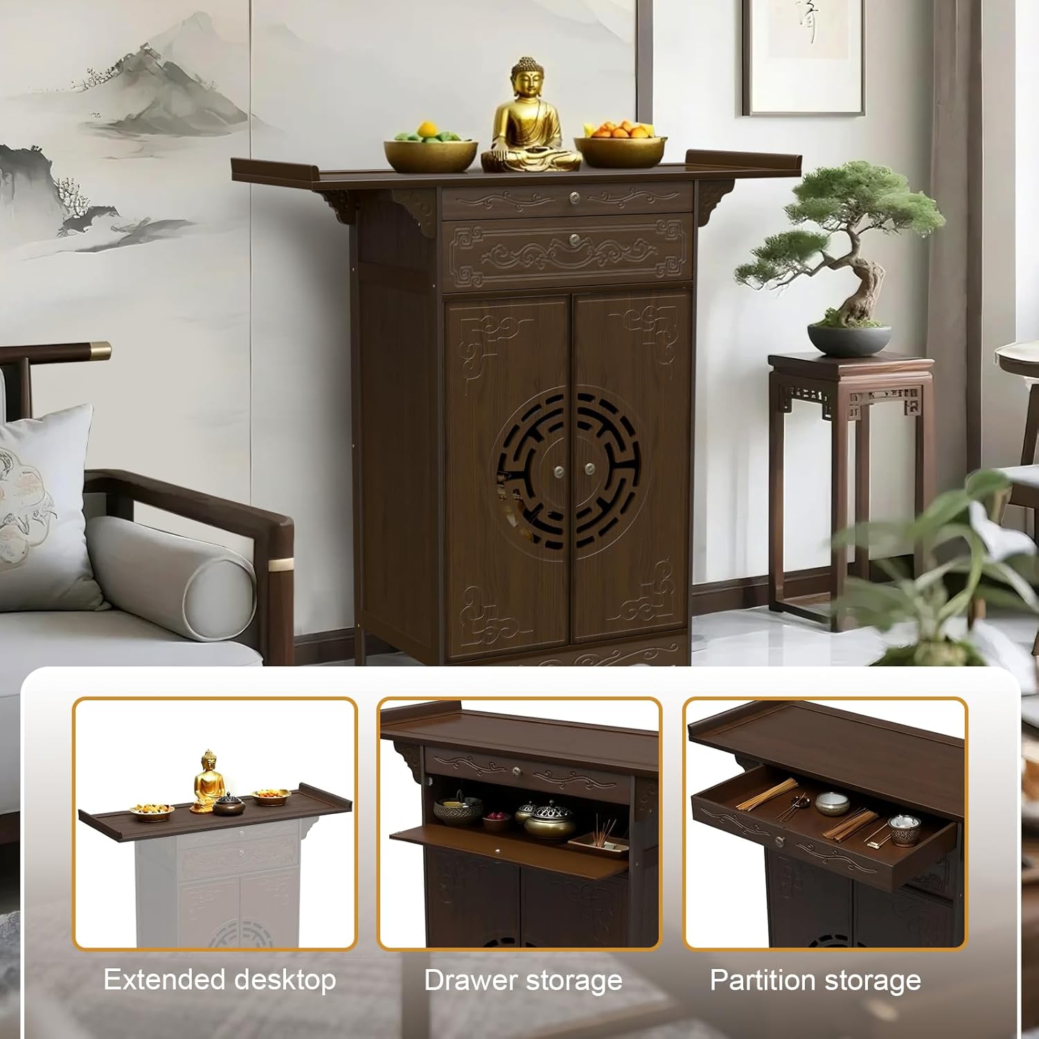 Altar Table with Storage for Meditation and Prayer, Bamboo Buddhist Chinese Altar Cabinet with Carved Corner Flowers, Zen Shrine Table for Floor, Meditation Table for Home Decor, Incense and Pray