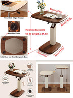 Tray Table with 360° Swivel, Adjustable Height Sofa Laptop Desk, C-Shaped Side Table with Wheels, Multi-Functional End Table for Living Room, Bedroom, Hospital (Walnut Tray + Black Stand)