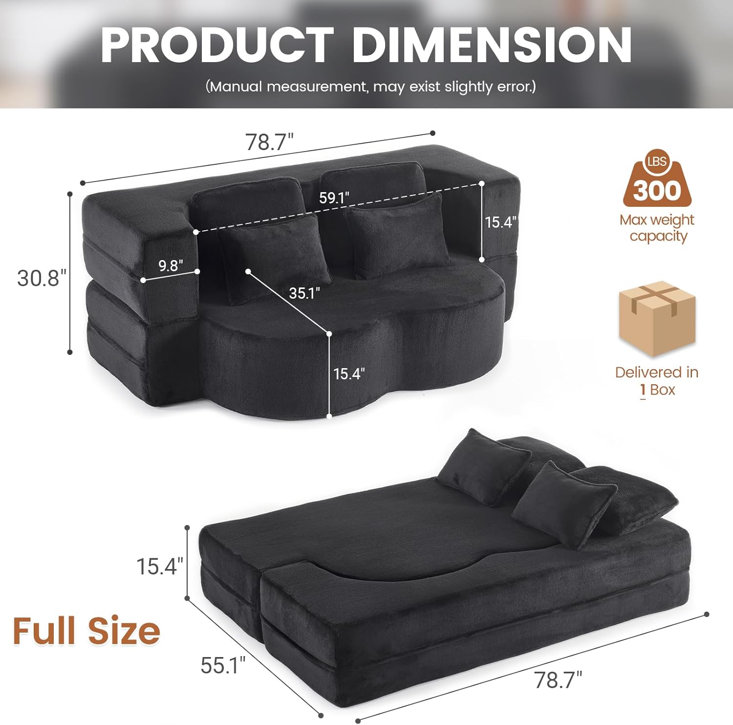 Convertible Folding Sofa Bed, 78” Full Size Loveseat Sleeper Sofa, Chenille Foldable Boneless Floor Couch with 4 Pillows for Guest Living Room Bedroom, No Assembly Required (Black)
