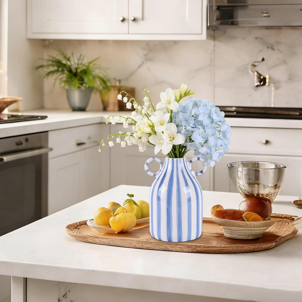 Blue and White Ceramic Vase with Handle, Nordic Boho Small Vases Side Table Flower Centerpiece, Wide Mouth Single Flower Vase Pampas Grass Decorative - for Home Window Sill Living Dining Room Kitchen