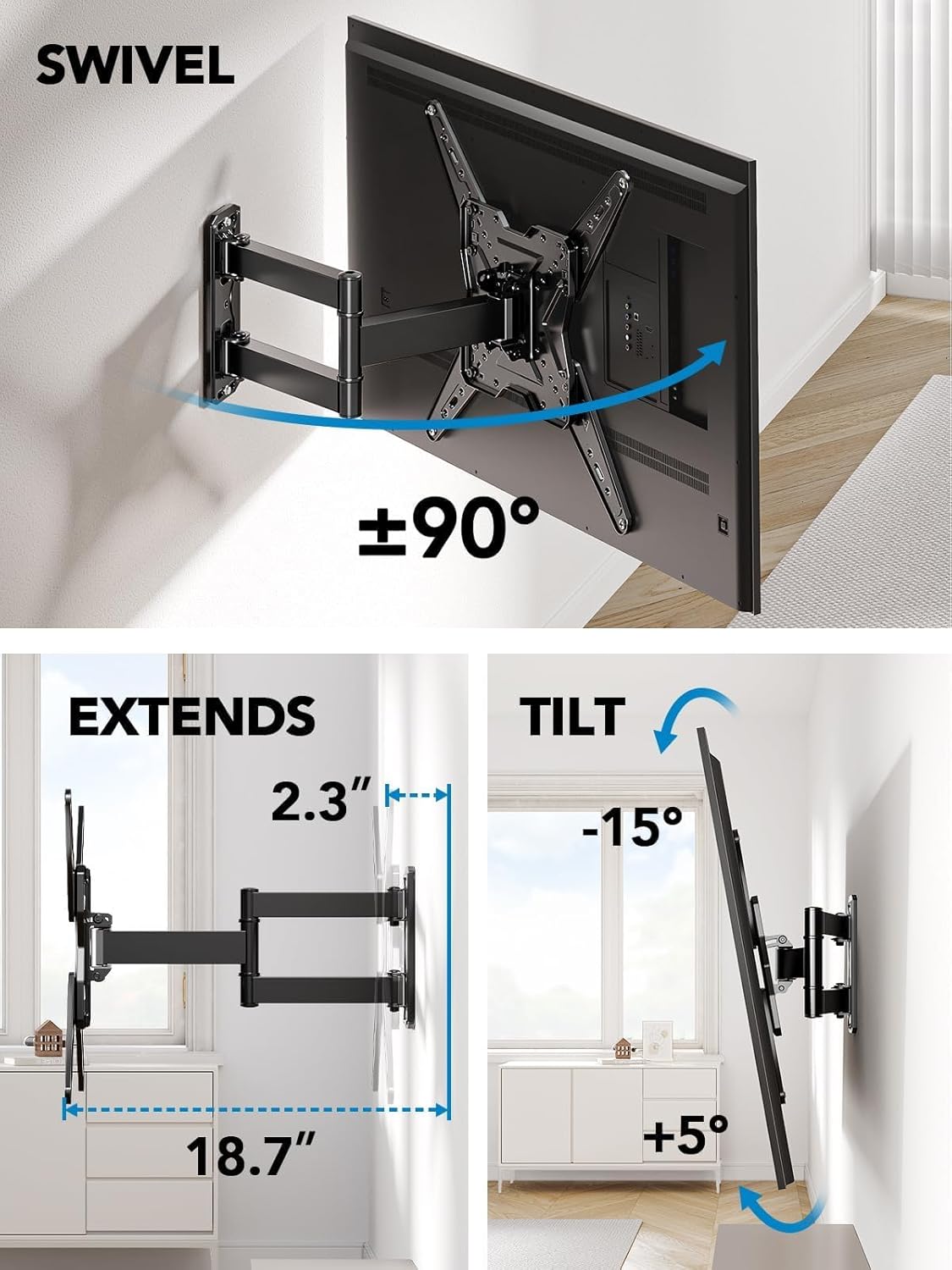 Pipishell TV Wall Mount for Most 26 32 50 55-60 inch TVs, Full Motion TV Mount with Swivel, Tilt & Extension, Single Stud Wall Mount Bracket Holds up to 77 lbs, Max VESA 400x400mm, PIMF11