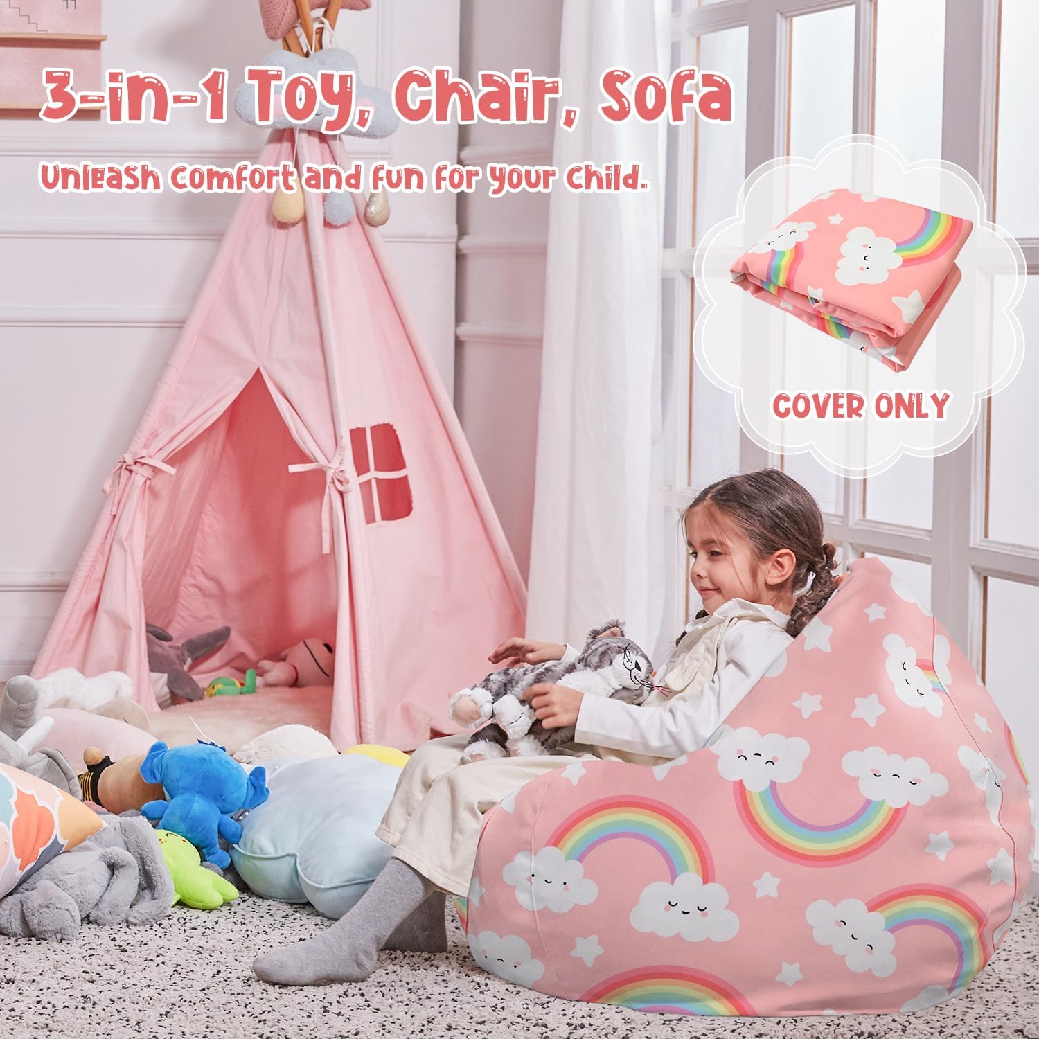 Stuffed Animal Storage Bean Bag Chair Cover Only for Kids Girls Toddler, Large Beanbag Chair Without Filling for Organizing Children Soft Plush Toys