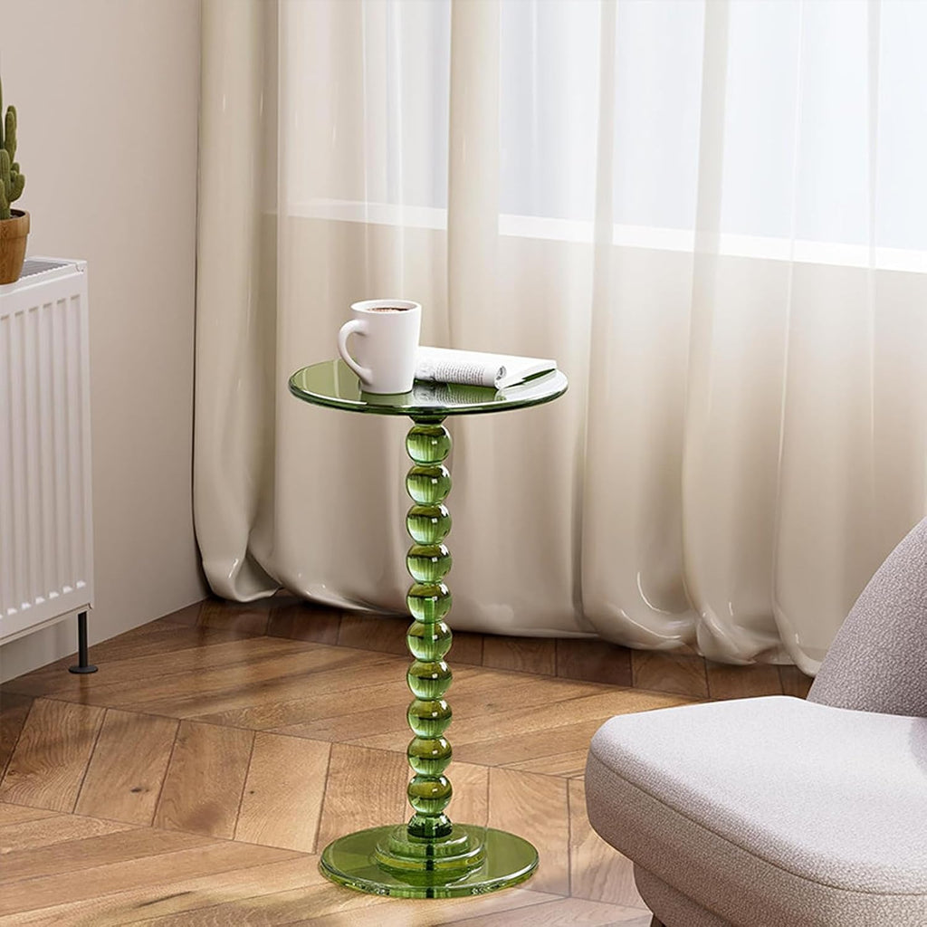 Clear Round End Table, Acrylic Side Table, Roman Column Pedestal, Acrylic DrinkTable for Small Spaces, for Living Room, Bedroom, Balcony, Easy Assembly(Green)