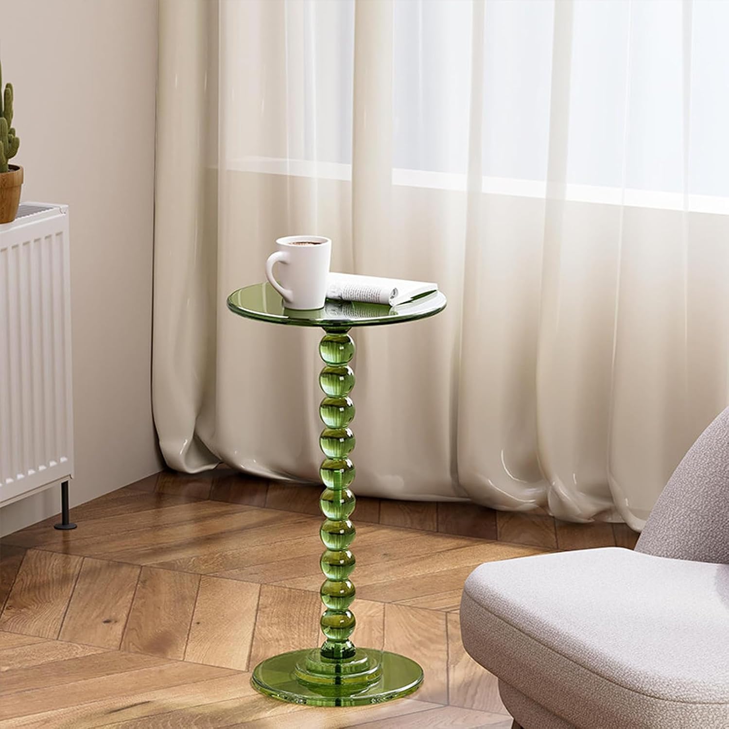 Clear Round End Table, Acrylic Side Table, Roman Column Pedestal, Acrylic DrinkTable for Small Spaces, for Living Room, Bedroom, Balcony, Easy Assembly(Green)