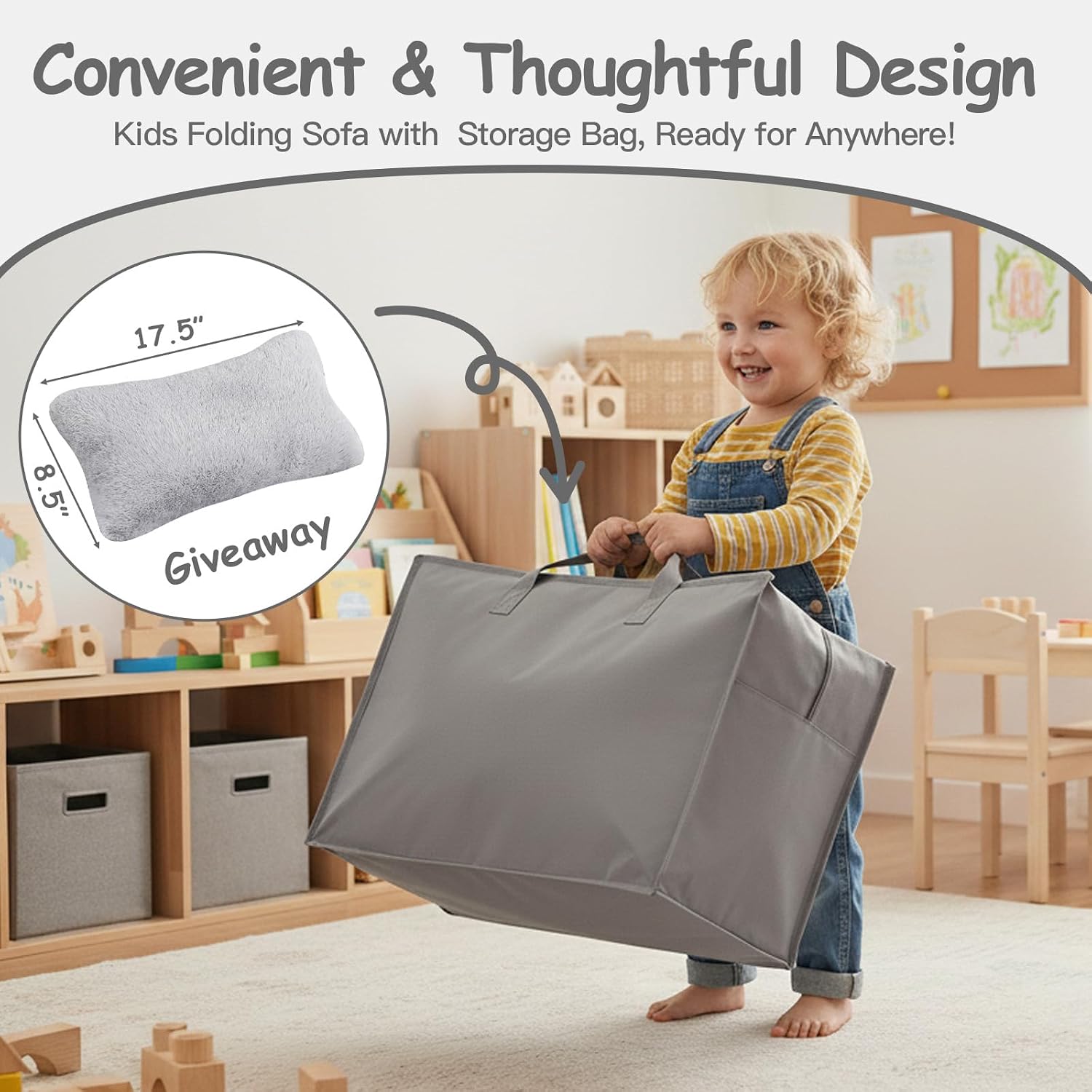 Tiita Kids Floor Mattress for Toddler, Child Fold Up Sofa Couch Convertible Futon Folding Chair with Storage Bag for Kids, Plush Grey