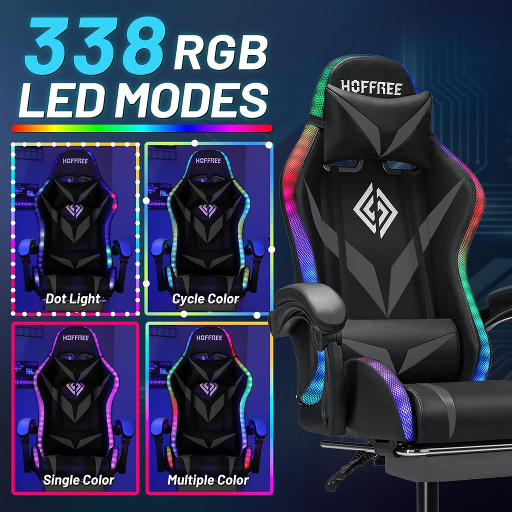 Gaming Chair with Bluetooth Speakers and RGB LED Lights Ergonomic Massage Computer Gaming Chair with Footrest Video Game Chair High Back with Lumbar Support Grey and Black