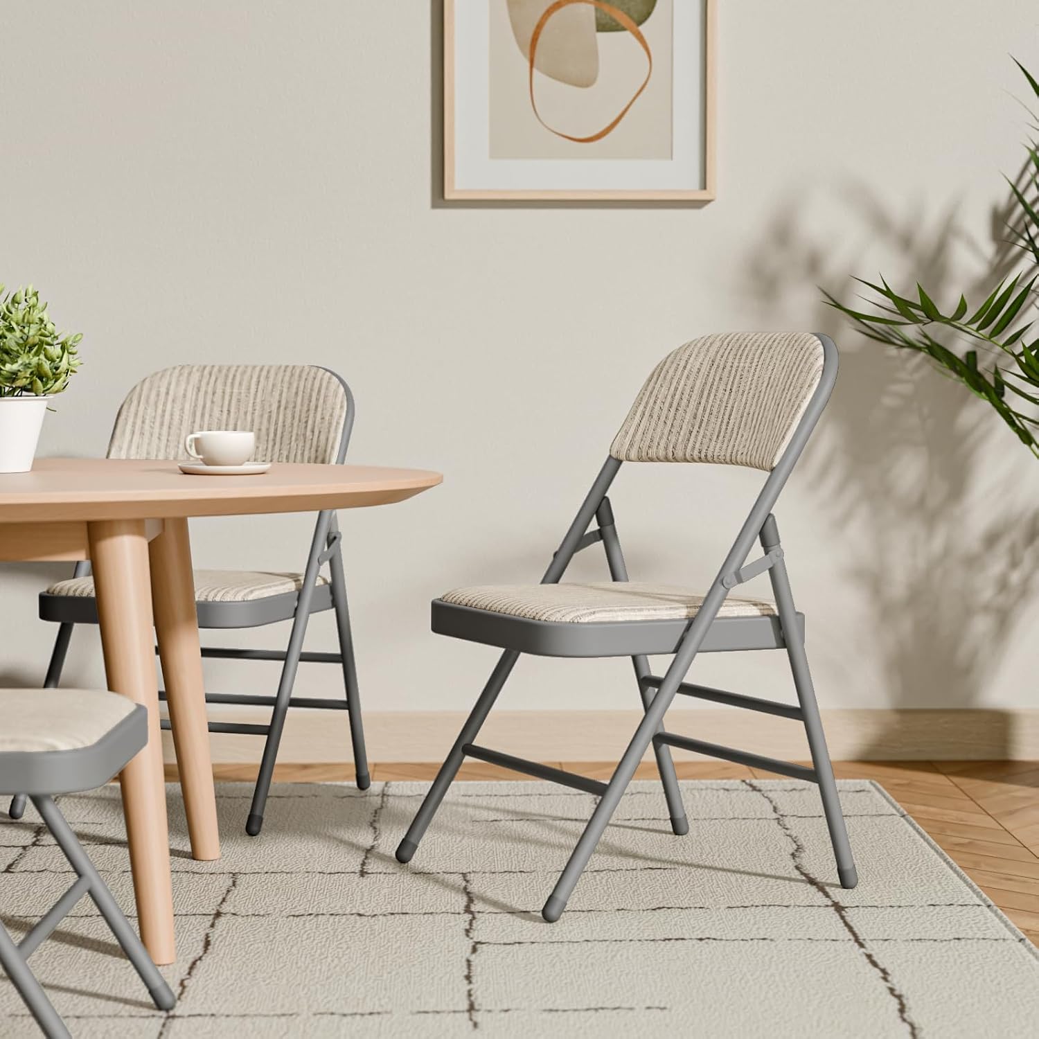 4 Pack Folding Chairs Fabric Dining Chair Set with Padded Cushion and Back, Indoor Outdoor Foldable Seat with Steel Frame for Home Office Events Wedding Party, Oatmeal Strip Seating