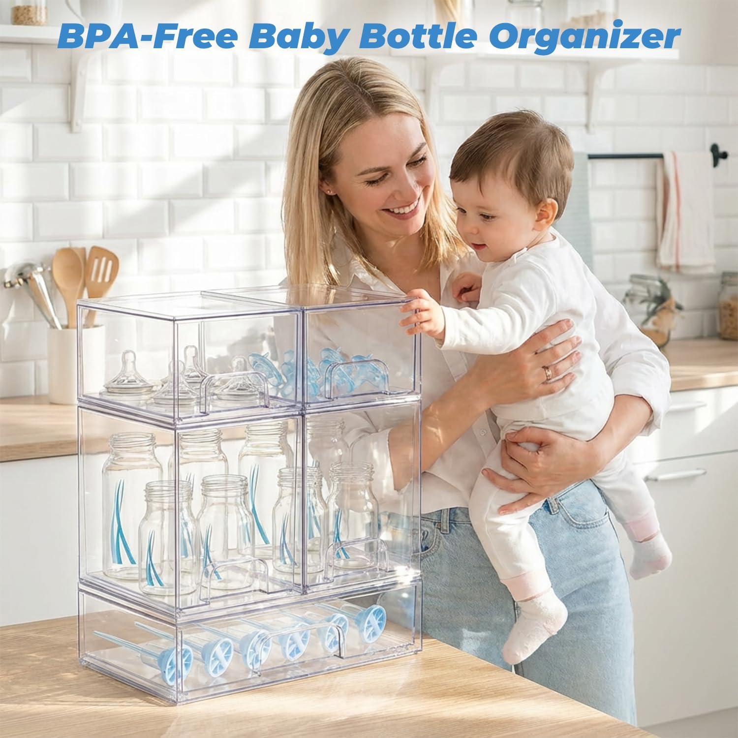 Baby Bottle Organizer, 5 Pack Stackable Storage Dust-proof Drawers, Clear Plastic Bottle Station Organizer for Countertop & Cabinet, Pacifier and Medicine Container for Nursery