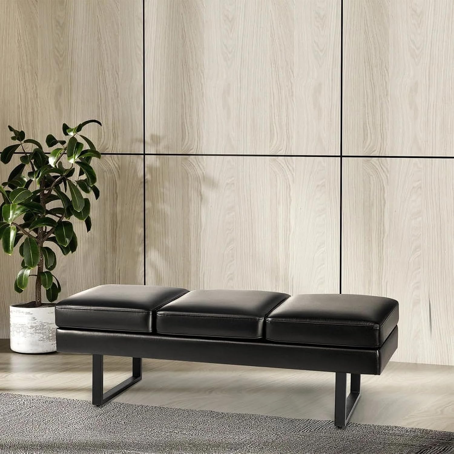 Shahoo 3 Seats Faux Leather Reception Bench, 60 Inches Office Guest Chair with Heavy-Duty Metal Legs, Upholstered Waiting Room Chairs for Office,Conference & Living Room, Black, 1 PCS