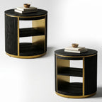 AUZ Round Black and Gold Fluted End Table Set of 2, 22" Mid Century Modern Wood Side Table with Storage, Modern Bedside Table, Nightstand for Living Room, Bedroom