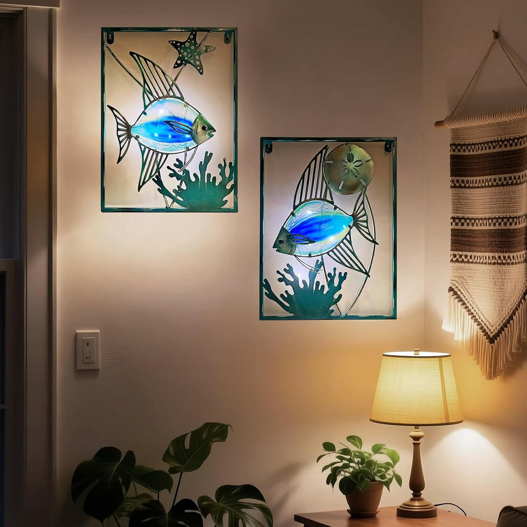 LIFFY Metal Fish Wall Decor with Frame-Outdoor Wall Art, Wall Decor with LED Fairy Lights, Fish Glass Art Wall Sculpture for Patio,Beach,Garden,Yard,Pool,home gift(2pcs, Blue)