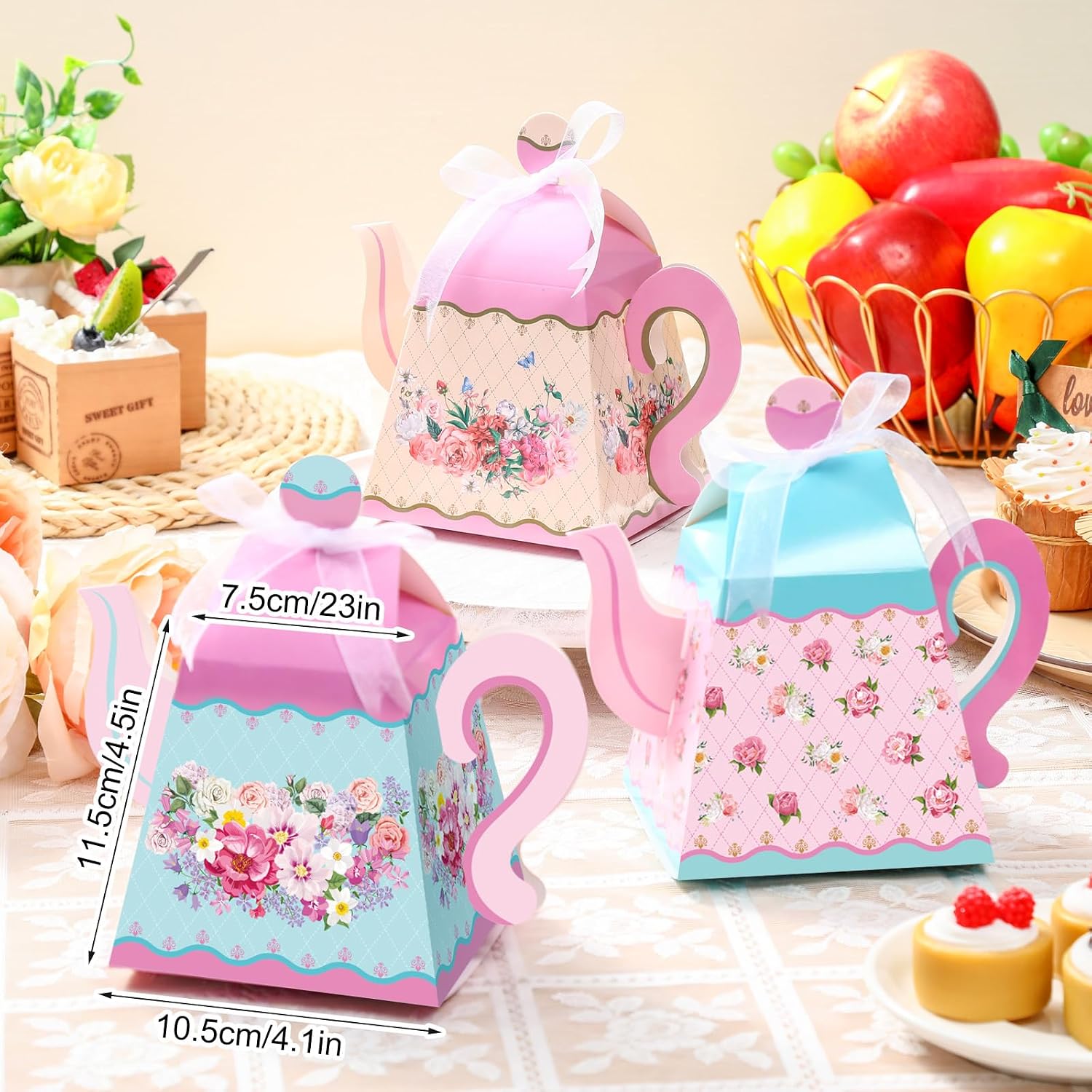 Outus 48 Pcs Floral Tea Party Favor Boxes Large Flower Teapot Candy Box Vintage Floral Pink Blue Teapot Box Spring Gift Supplies for Birthday Decorations Baby Shower Wedding Party