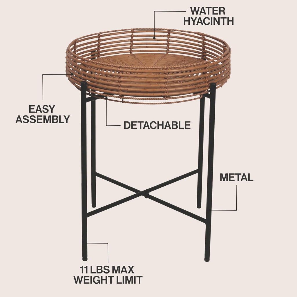JONATHAN Y Malia 23" Round Faux Rattan Tray Top End Table, Bohemian Woven Accent Side Table with Black Metal Cross Base, Nightstand for Living Room and Bedroom, Brown and Black TBL2509B