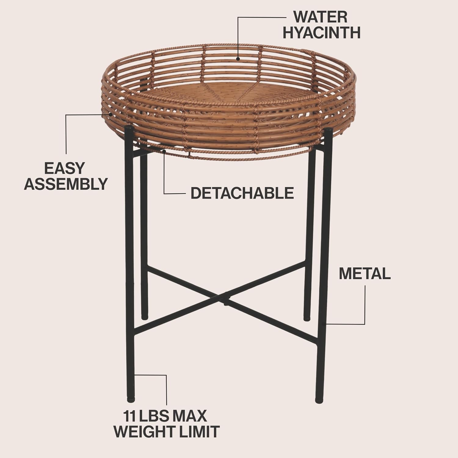 JONATHAN Y Malia 23" Round Faux Rattan Tray Top End Table, Bohemian Woven Accent Side Table with Black Metal Cross Base, Nightstand for Living Room and Bedroom, Brown and Black TBL2509B
